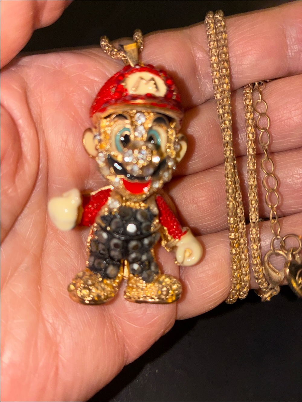 Mario Bros Blinged out black rhinestone overalls. His head moves. M on hat